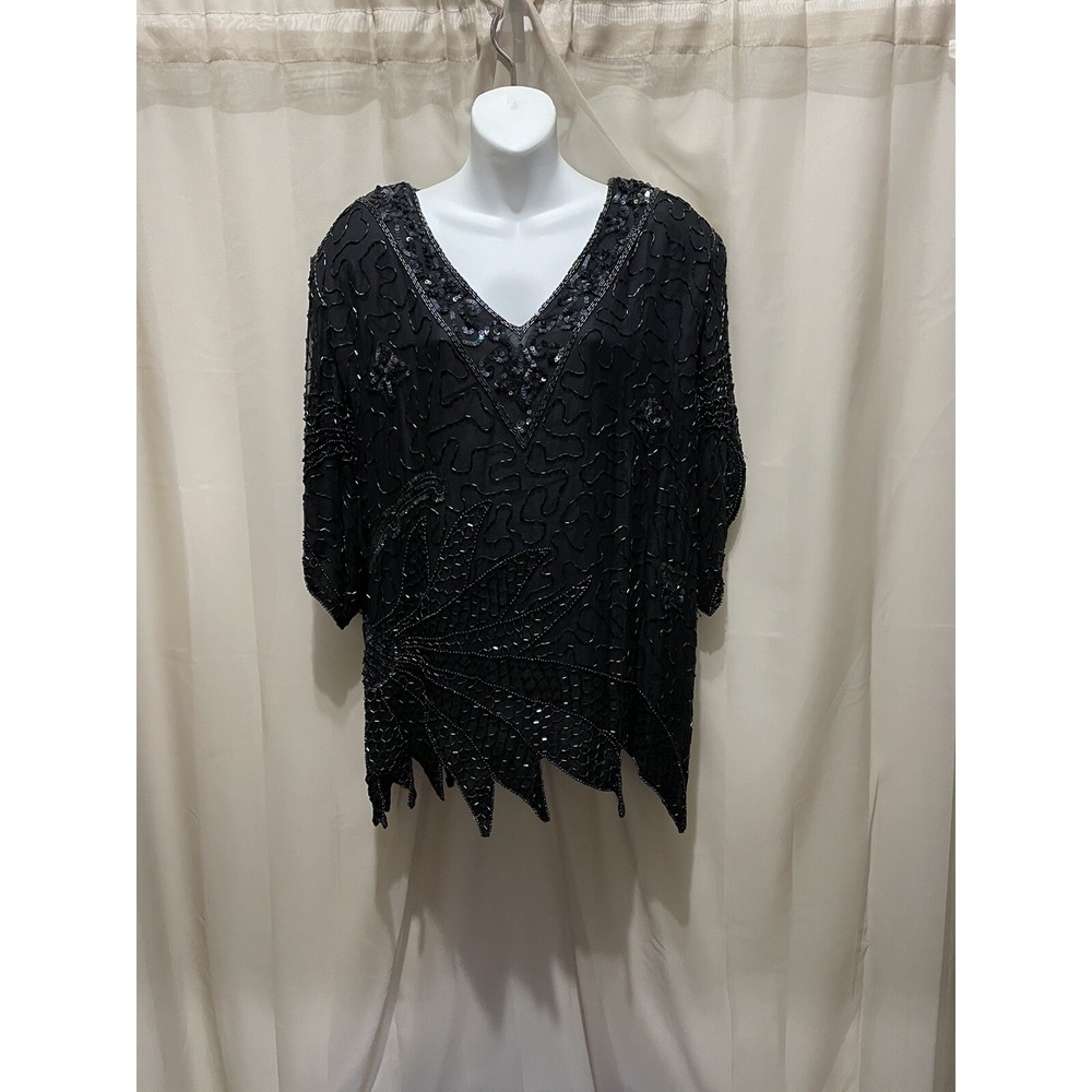 Mark And John II Silk Sequin Shirt Top Large Black